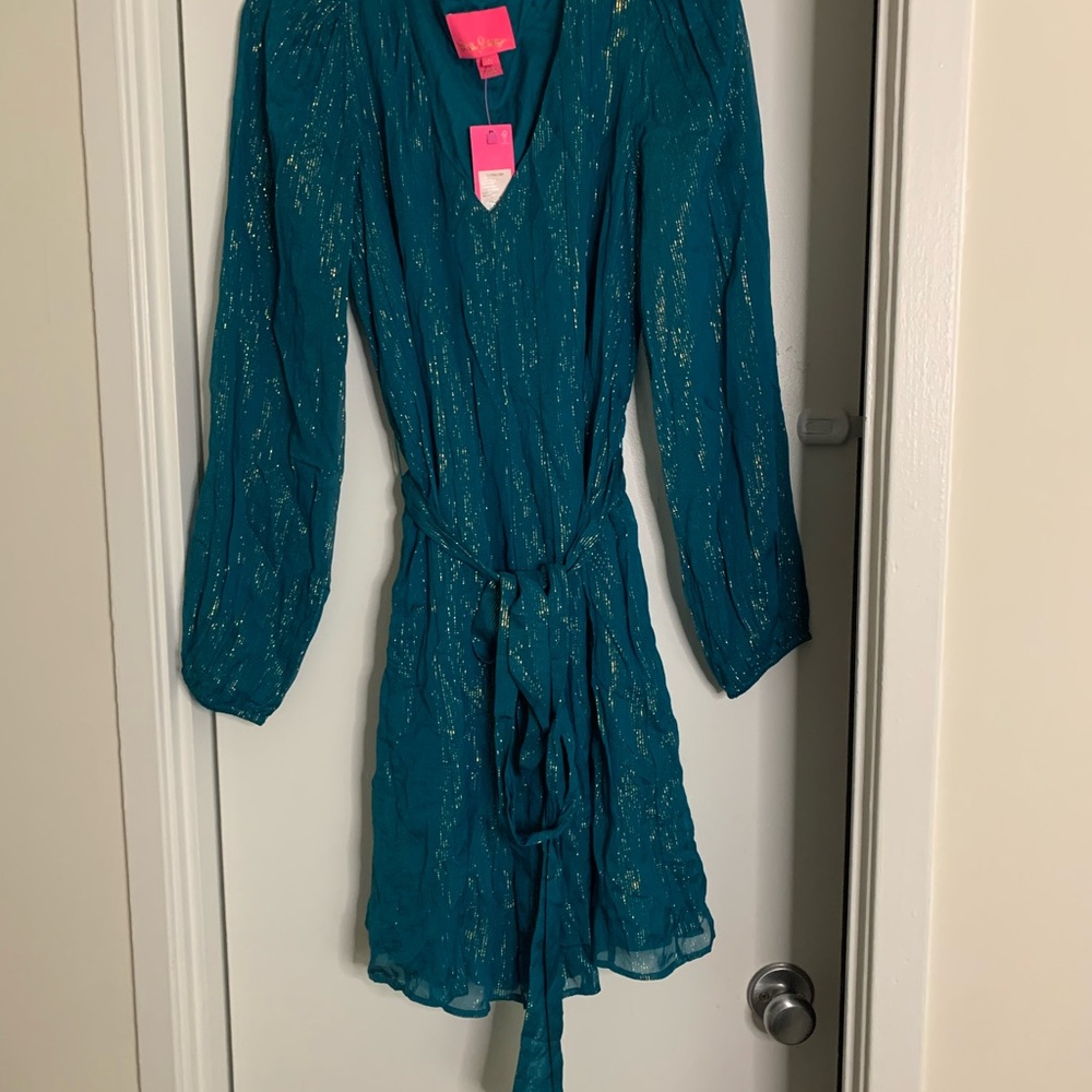 Lilly Pulitzer Women's Long Sleeve Kaliana Dress NWOT Size Medium Blue Gold Trim